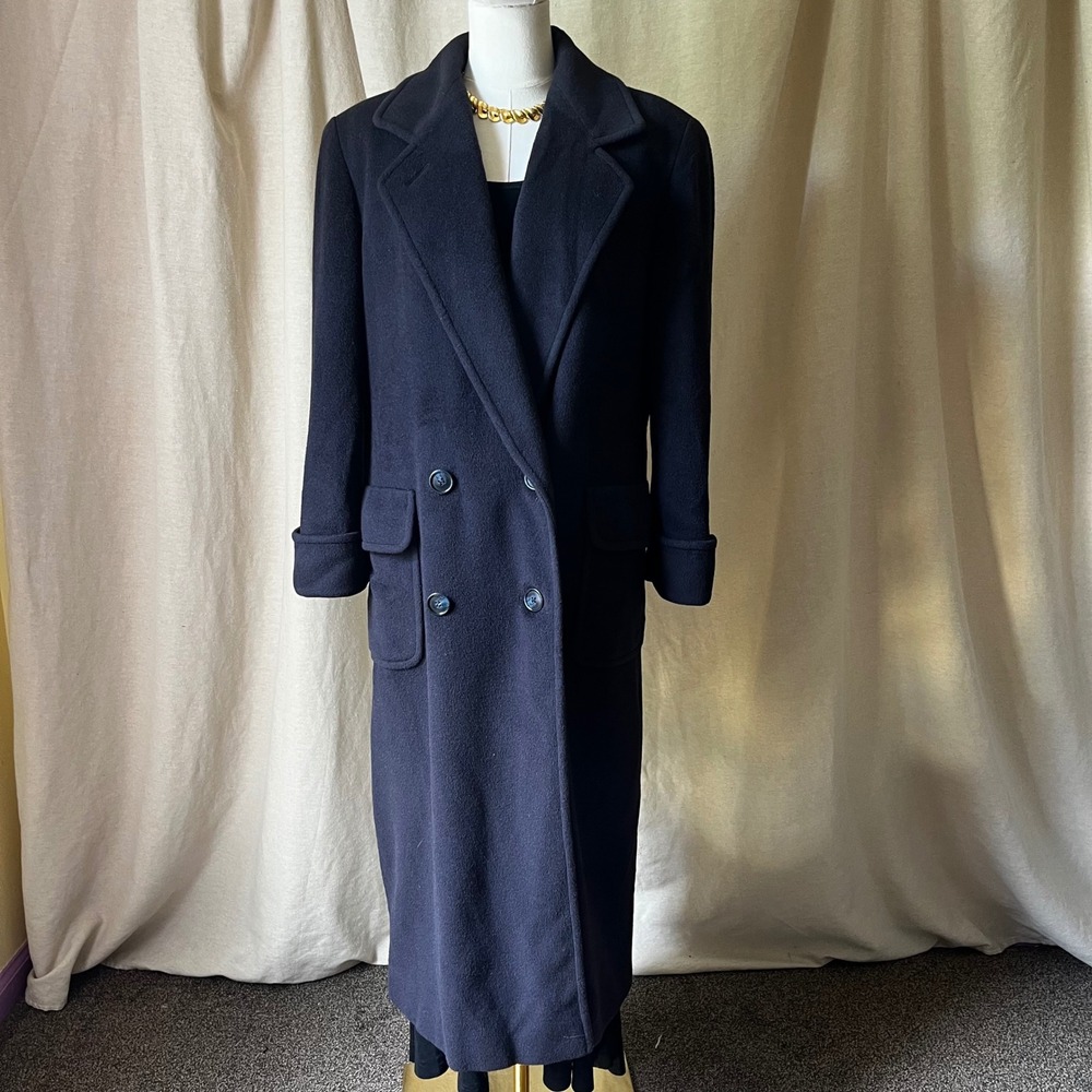 Vintage Regency Pure Camel Hair Long Coat Black Double Breasted Women's 4